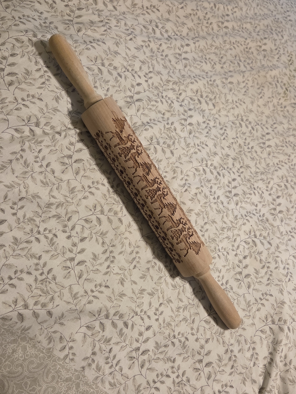 Wooden Christmas embossed rolling pin with engraved elk and tree patterns 17"